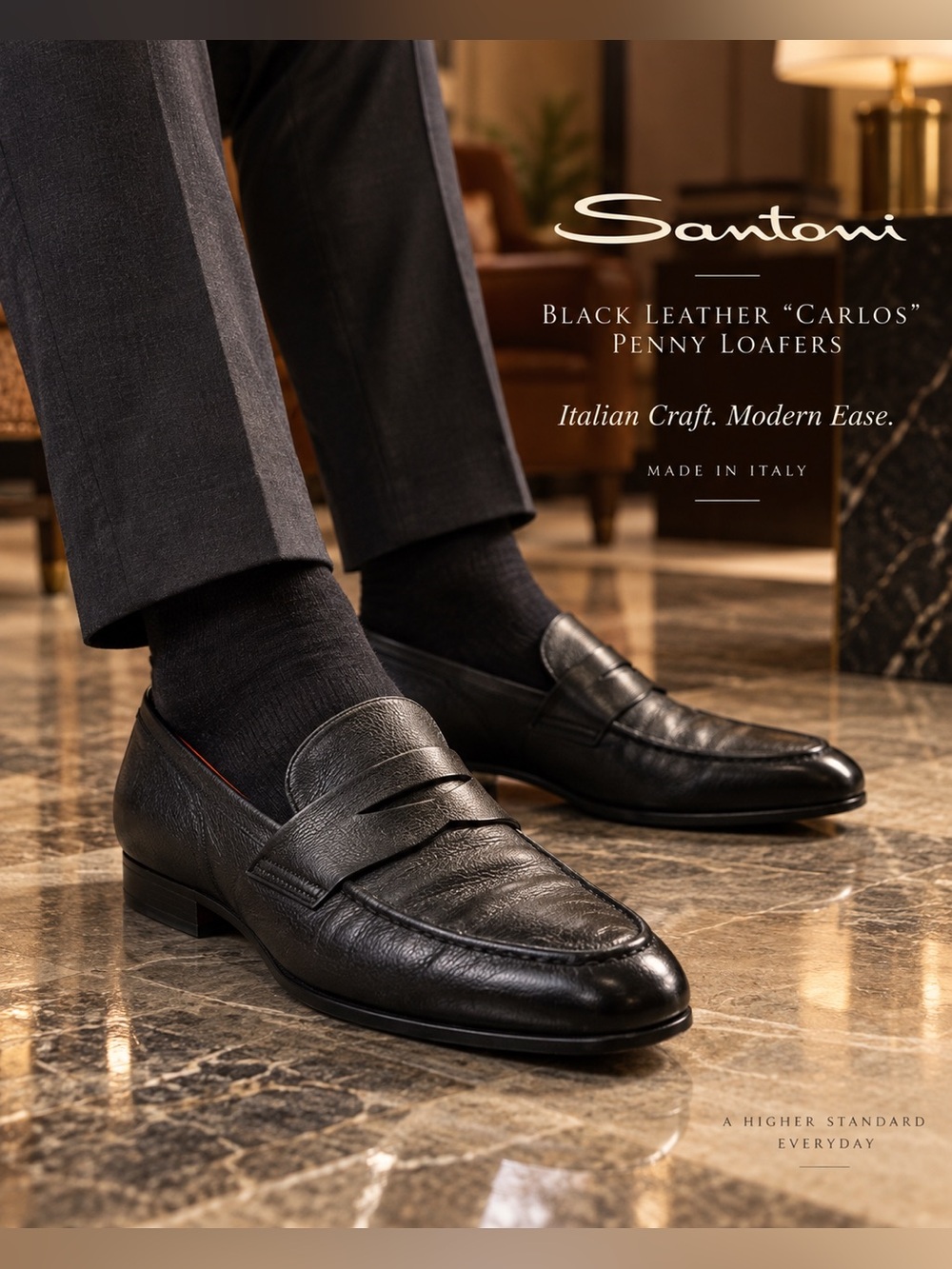 Santoni Black Leather “Carlos” Penny Loafer Men's Slip-Ons - 9.5 LNWOT